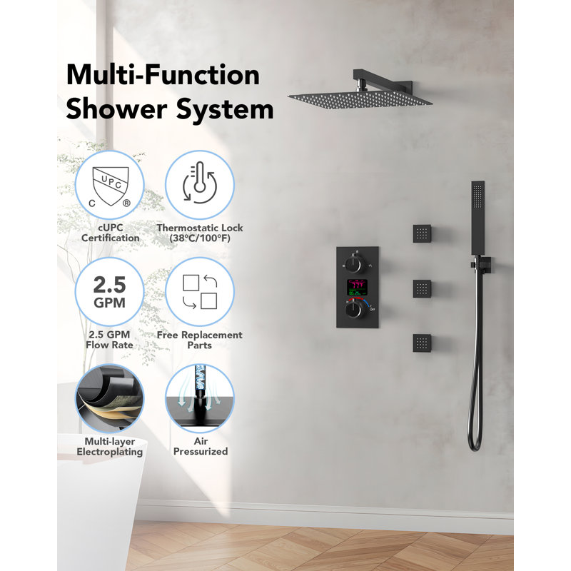 Pressure Balanced  LCD Display Shower System 12" Rain Shower Faucet with Rough-in Valve, Matte Black