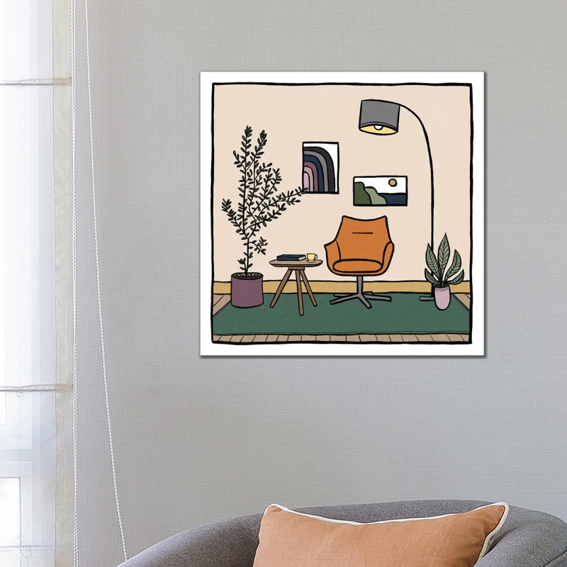 Living Room With Orange Armchair 1 Piece Wrapped Canvas Wall Art, 66.04 cm H x 66.04 cm W x 1.91 cm D