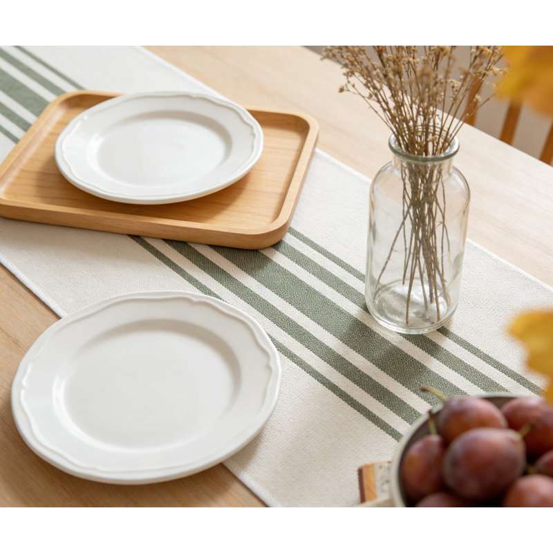 Handcrafted Table Runner With Tassels For Modern Farmhouse Decor, Striped Dining Table And Coffee Table Cover, Green