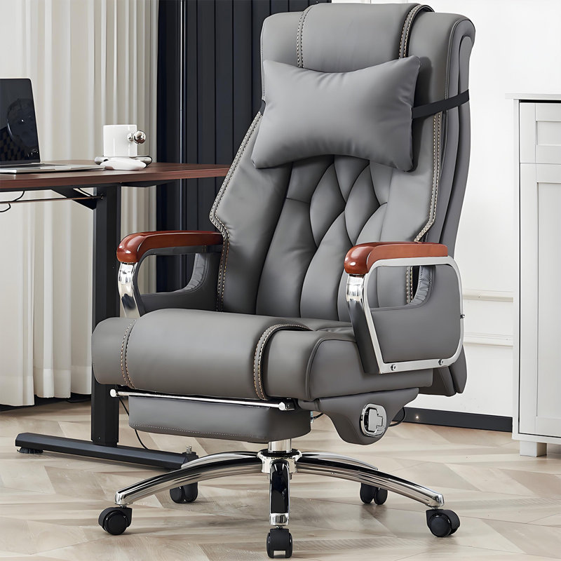 48.43" H Dark Gray Luxury Genuine Leather Rolling Office Chair with Footrest and Headrest