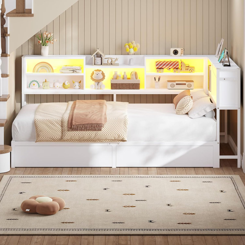 Twin Xl Size Daybed With 2 Underneath Storage Drawers And Charging Station, L-Shape Corner Bed Frame With Storage Bookcase And Led Lights For Living Room, Bedroom & Guest Room, White