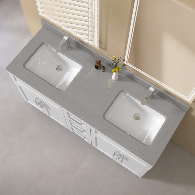 Évier intégré de meuble-lavabo double en pierre d'ingénierie l 60 po x P 22 po avec dosseret gris moucheté 4 po