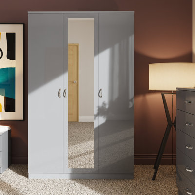 Brendle 3 Door Mirror Wardrobe - High Gloss Finish, Soft Close Doors, Full-Length Mirror, Polished Metal Handles