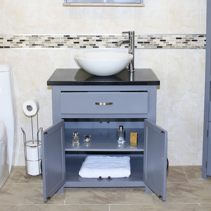 Roden 751mm Single Bathroom Vanity with Vessel Stone Basin, White, Black Quartz, Grey