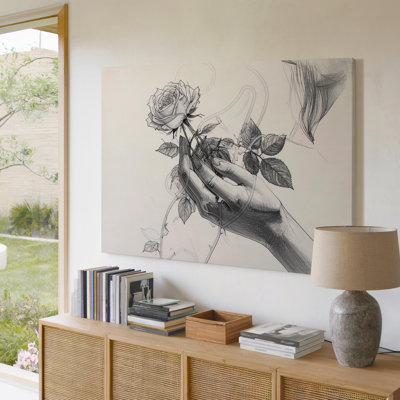 Toile gracieuse à la main minimaliste avec rose en fleur, art mural sur toile, prêt à accrocher, galerie, décoration moderne