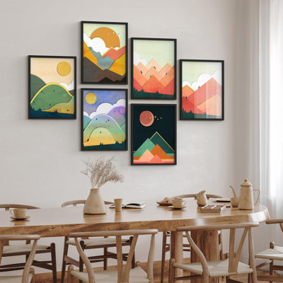 Framed Wall Art Collage Print Gallery Set, Abstract Mountain Landscape Geometric Nature Scenes Illustrations Modern Decorative Colorful for Living Room, Bedroom, Office