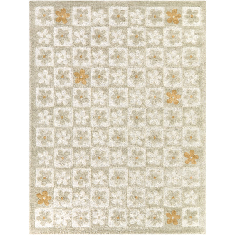 Matthes Cream Floral Checkered Area Rug, Rectangle 7 pi 10 po x 10 pi