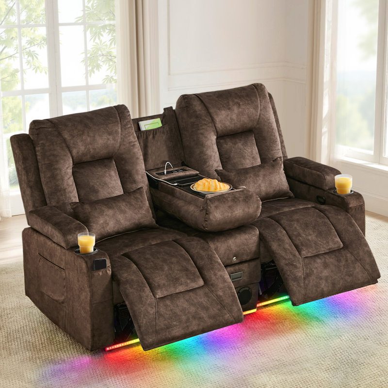 Causeuse inclinable manuelle avec console rabattable, ports de charge, haut-parleurs Bluetooth et lumières DEL, Marron clair