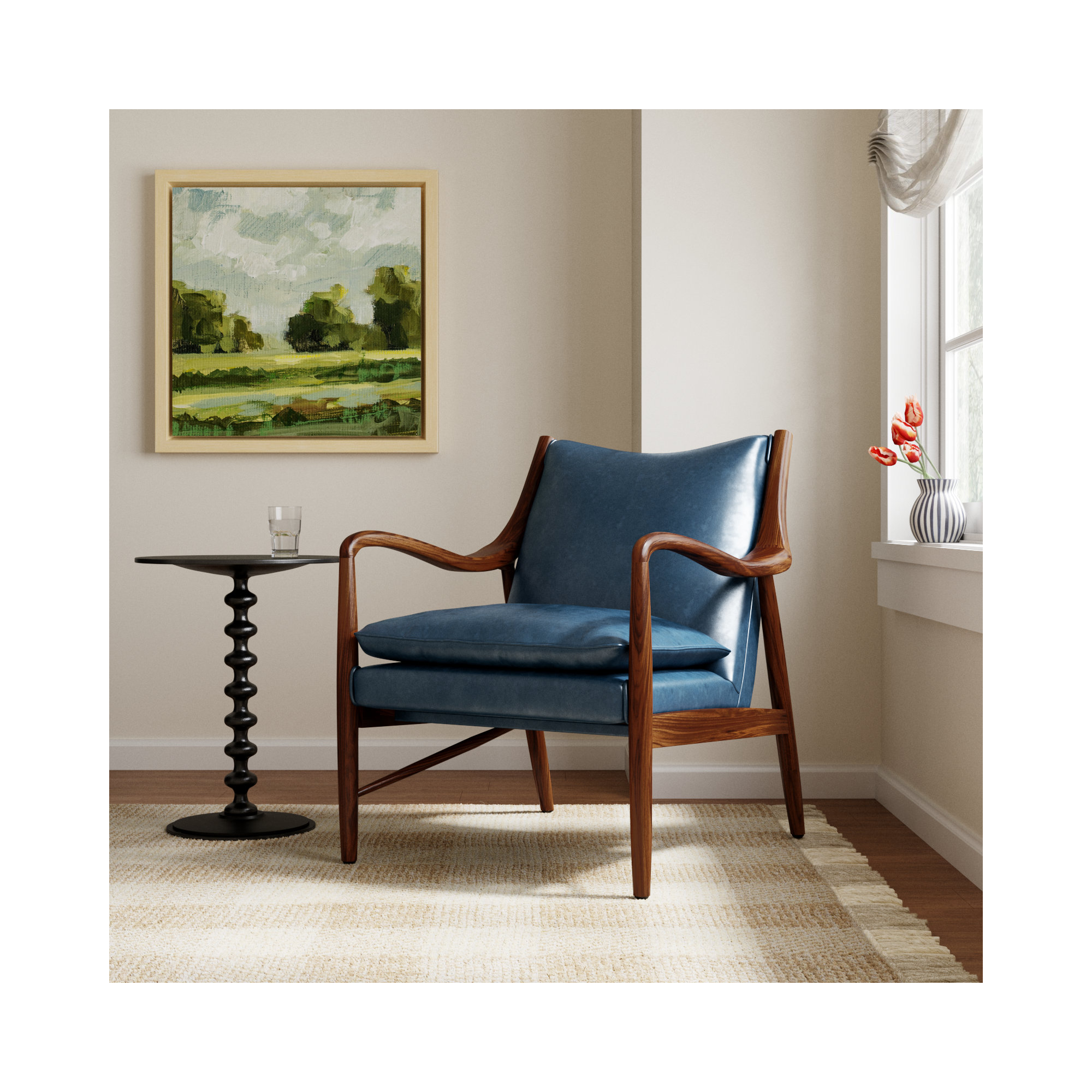 Kiannah Genuine Leather Accent Chair, Dark Blue Genuine Leather