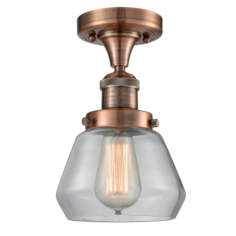 Argueta Glass Semi Flush Mount, 6 Watt Vinage LED Bulb, Clear, Antique Copper