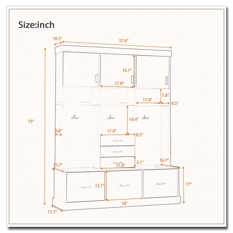 75'' H Entryway Hall Tree with Bench and Storage, 5-in-1 Modern Hall Tree with Coat Rack, 6 Drawers, 3 Cabinets and 3-Tier Top Storage