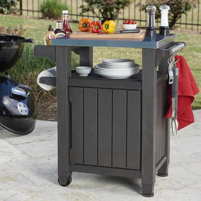 Keter Unity 40 Gal Patio Storage Grilling Bar Cart w/ Stainless Steel Top by Keter