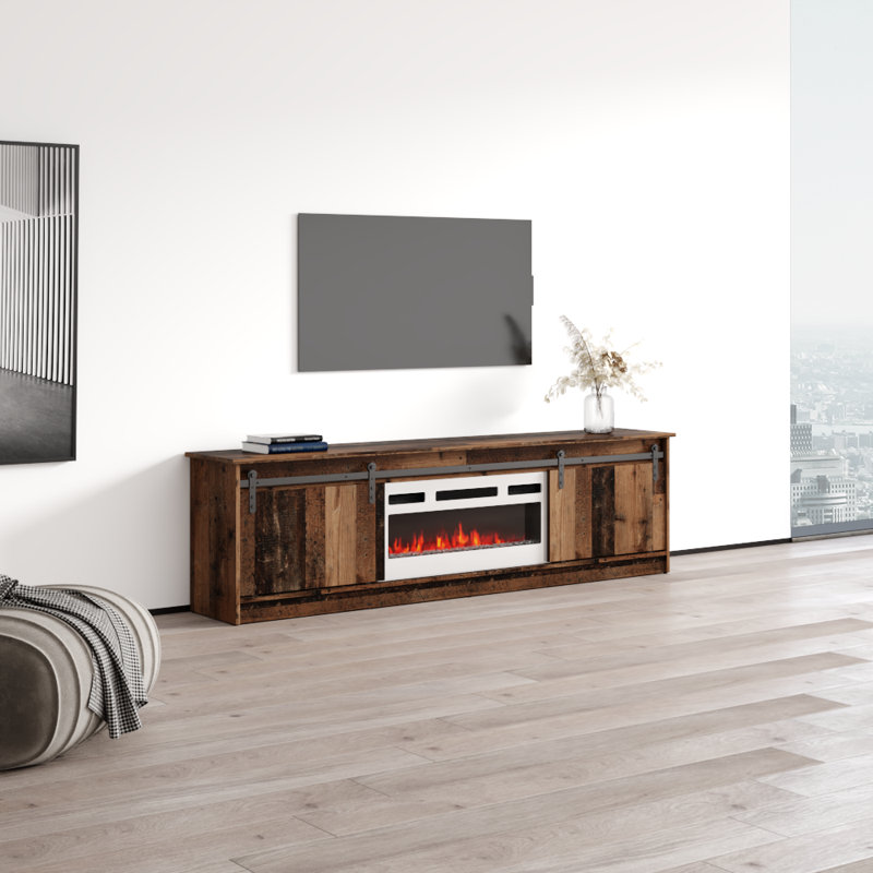 Meuble télé 78,7 po avec foyer électrique Grigby, Bois ancien