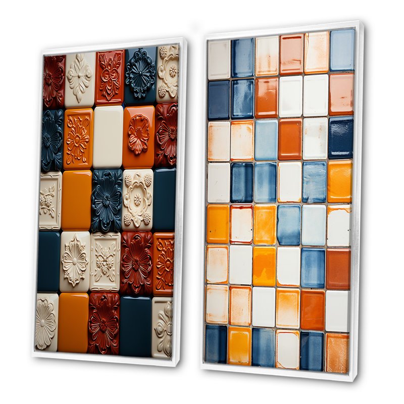 «Earth Tones Color Palette Tiles II», ensemble de 2 impressions sur toile abstraites, Cadre flottant blanc, H 28 po x l 25 po