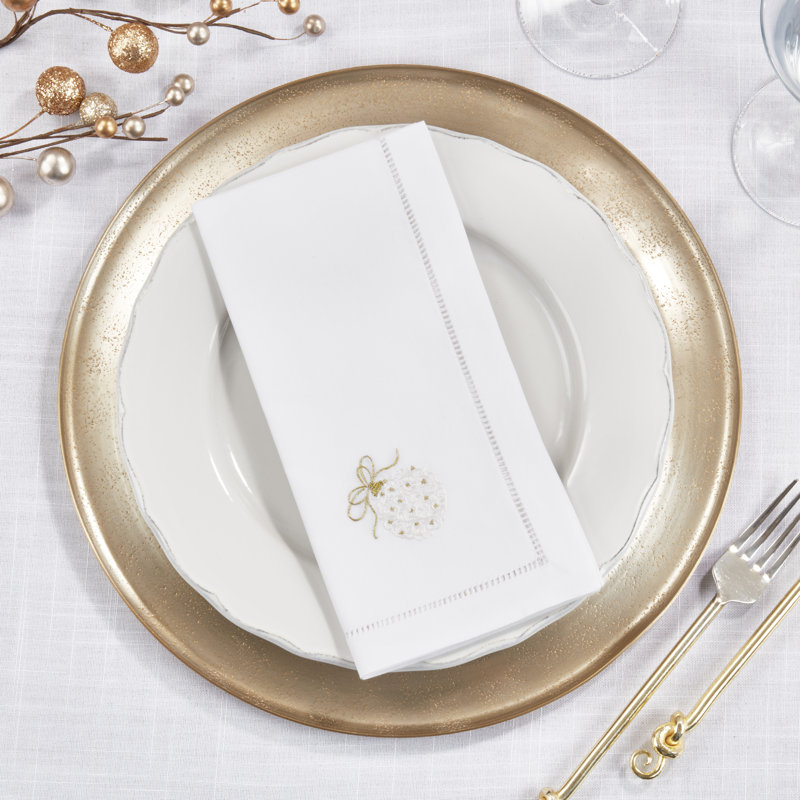 White Cotton Embroidered Christmas Ornament Napkins, Set of 6