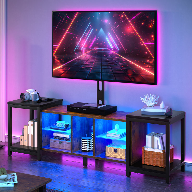 70" TV Stand, 104-174cm Adjustable TV Unit with TV Mounting Bracket, 7 RGB LED Lights and 22 Modes, Brown