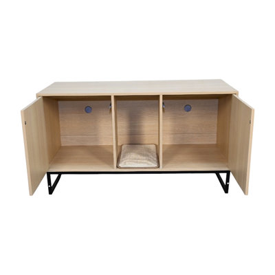 Maison pour chat avec tapis à gratter, 48,46 po x 21,67 po, 26,34 po, 76,4 lb, bois, stable pour les chats, panneau de particules et durable, brun