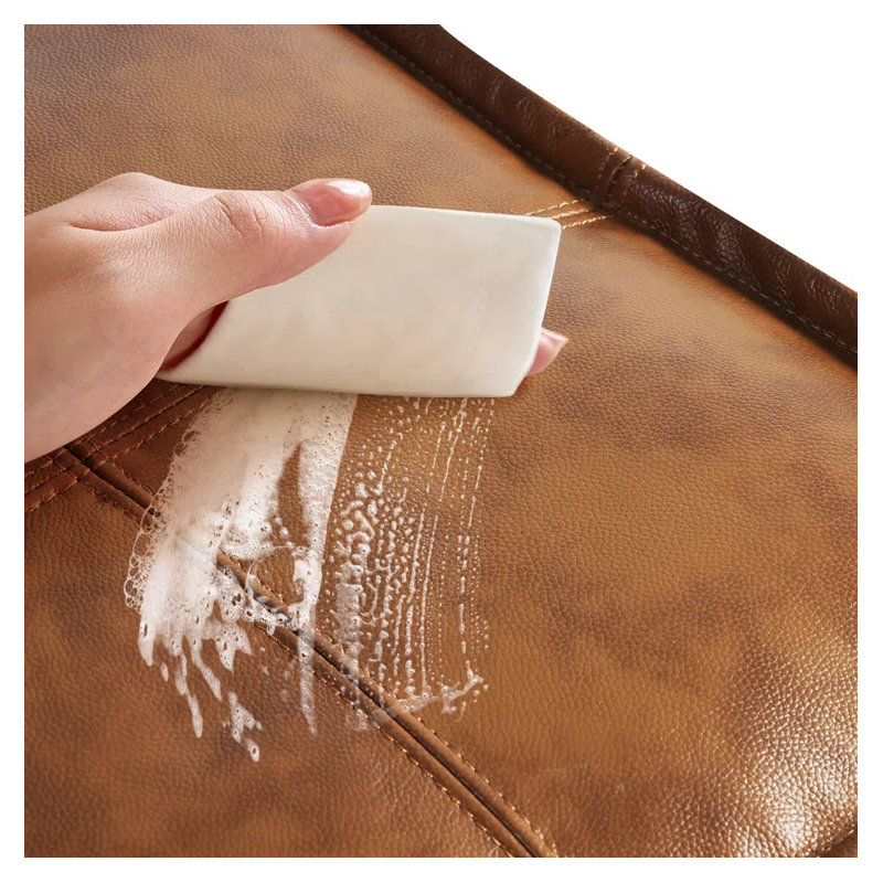 Full-Grain Genuine Leather Square Pouf With Patchwork Design, Brown