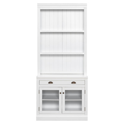 Blanc, moderne, bibliothèque de 83,4 po, éclairage à DEL, portes en verre transparent, tiroirs, utilisation dans la chambre à coucher