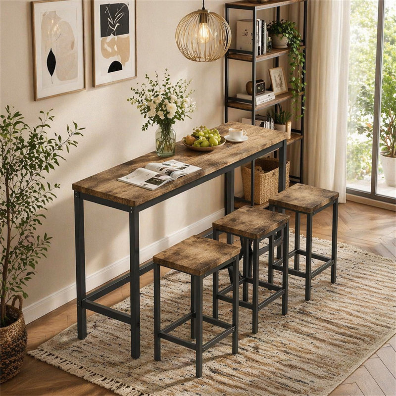Ensemble de table de salle à manger long avec 3 tabourets, facile à assembler, naturel, Naturel, Naturel
