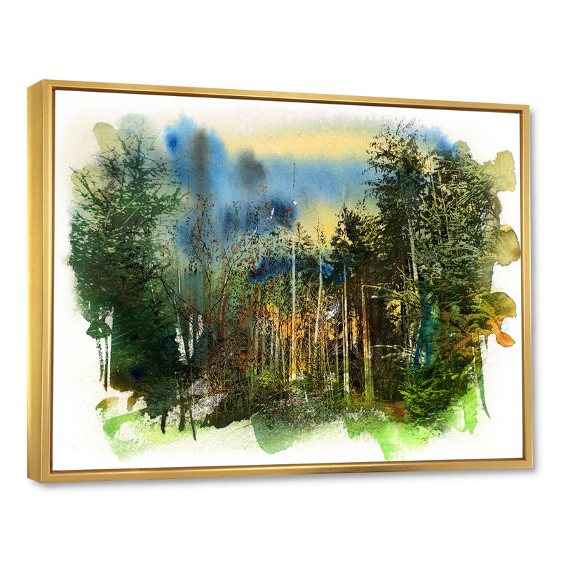 Paysage de forêt vert profond - peinture sur toile, Cadre doré, H 17 po x l 33 po