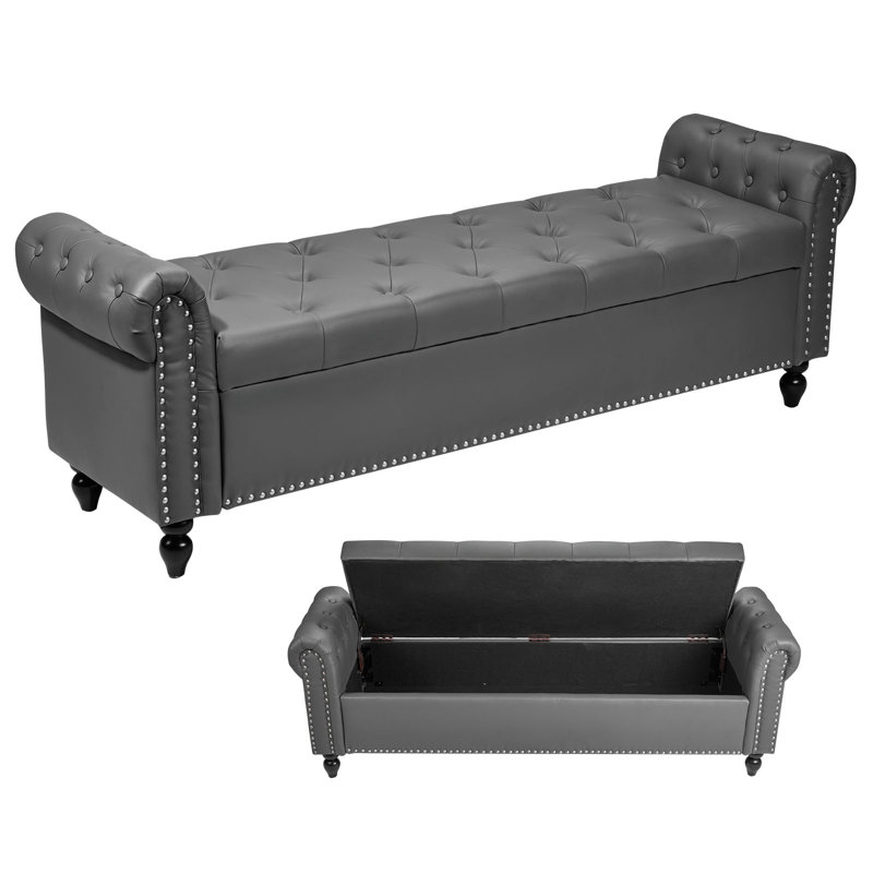 Button-Tufted Storage Ottoman Bench Rolled Arm PU Leather Wood Legs , Gray