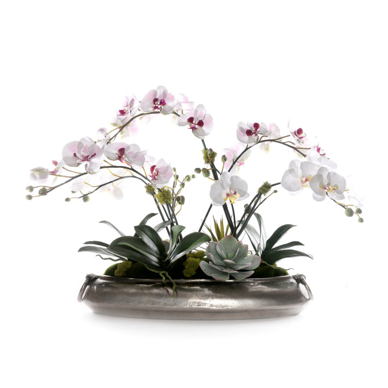 White/Mauve Faux Orchid Flower Arrangement Center Piece in Metal bowl