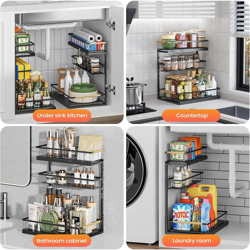 Ensemble de rangement sous le lavabo, paquet de 2 - 3 niveaux - tablettes d'armoire coulissantes pour la cuisine et la salle de bain, rangement de tiroir coulissant pour armoires de maison