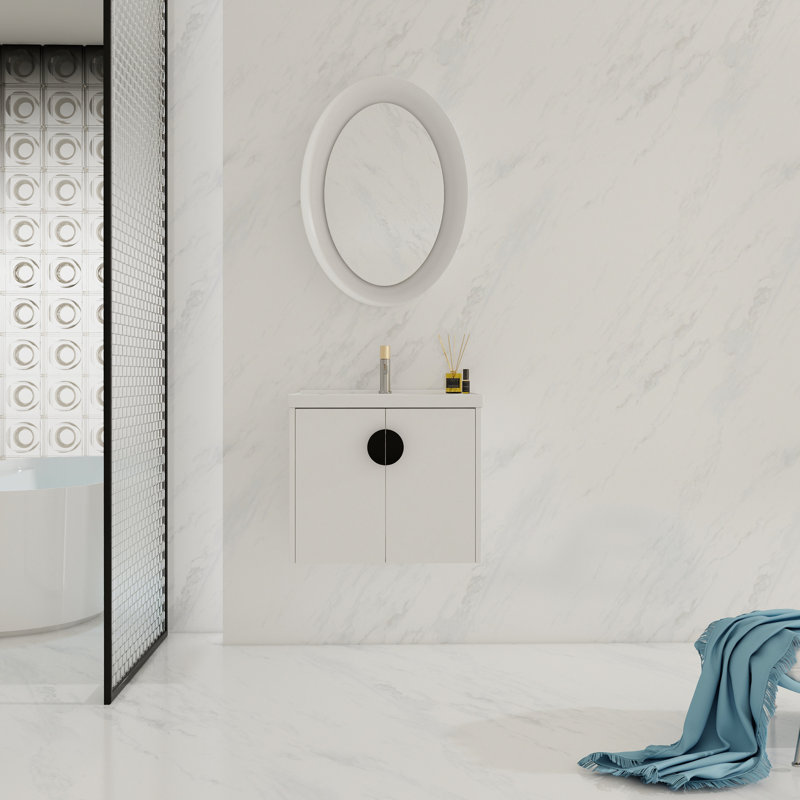 Meuble-lavabo mural 24 po avec armoire - blanc brillant, 2 portes de rangement pour les petites salles de bain en céramique 24 po. Salle de bain blanc brillant. Contreplaqué. 2 poignées en métal doré et noir. Jolis meubles.