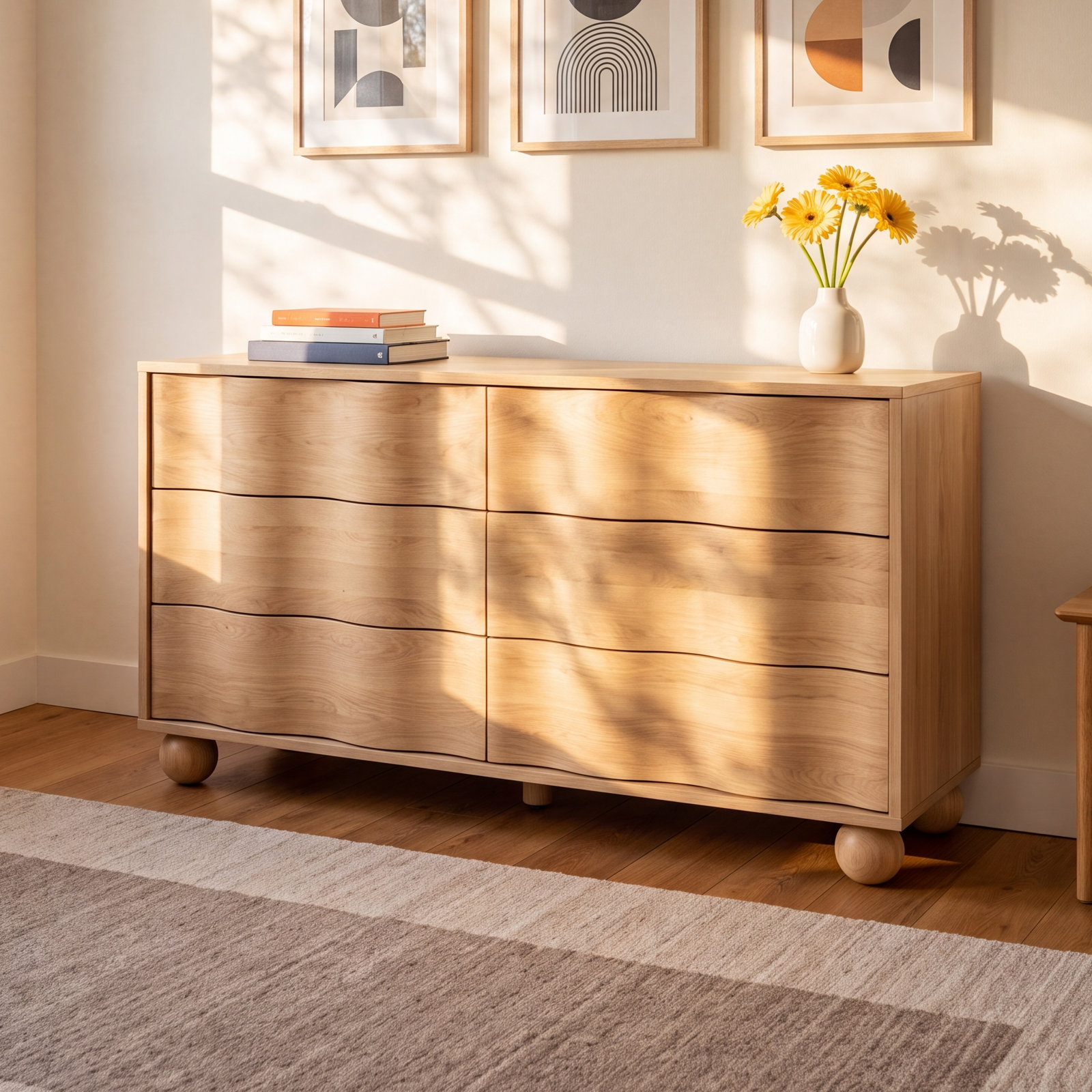 Lido Wave 6-Drawer Wide Dresser, Honey
