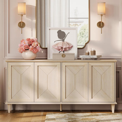 Armoire d'appoint moderne à 4 portes avec motif patchwork fait à la main, plateau épaissi et tablettes réglables, armoire de rangement avec crédence en bois massif pour salon, cuisine, salle à manger, couloir, beige