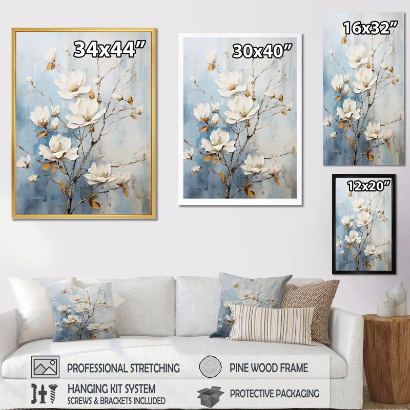 «White and Blue Magnolias Melody III», reproduction sur toile, H 40 po x l 30 po x P 1,5 po, Cadre naturel flottant
