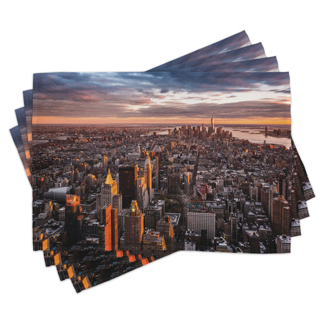 Platzdeckchen 4er Set, Manhattan Skyline Sonnenuntergang, Blau Orange Weiß