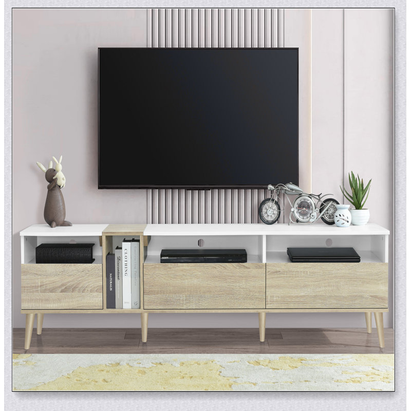 Téléviseur moderne avec 3 tiroirs et tablettes ouvertes, console multimédia pour téléviseurs de 80 po ou moins, centre de divertissement pour salon, conception de couleur assortie