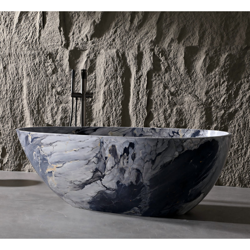 59" Freestanding Solid Surface Bathtub With Ink-style Marble Finish, Egg Design Resin Stone Bathtub With Backrest, Gray