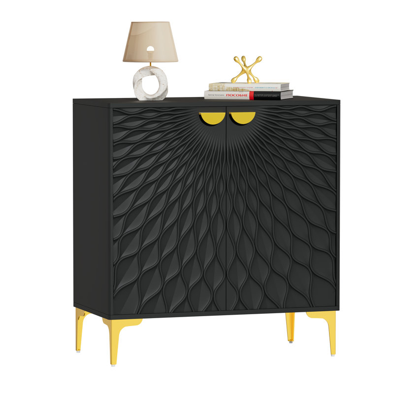 Armoire d'appoint 2 portes Tazmin, coffres décoratifs avec poignée et pieds dorés, Noir
