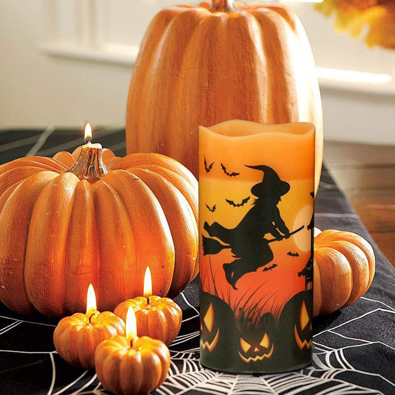 3 Pack Halloween Flameless LED Candles - 6-Hour Timer, Battery-Operated Wax with Witch/Bats/Castle Decals, Flickering for Decor