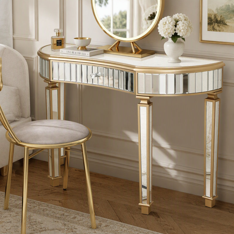 47 Inch Half-Moon Mirrored Console Table, Fluted Glass Entryway Vanity Desk with Crystal Knob Drawer, Solid Hardwood Crescent Foyer Table for Bedroom Dressing