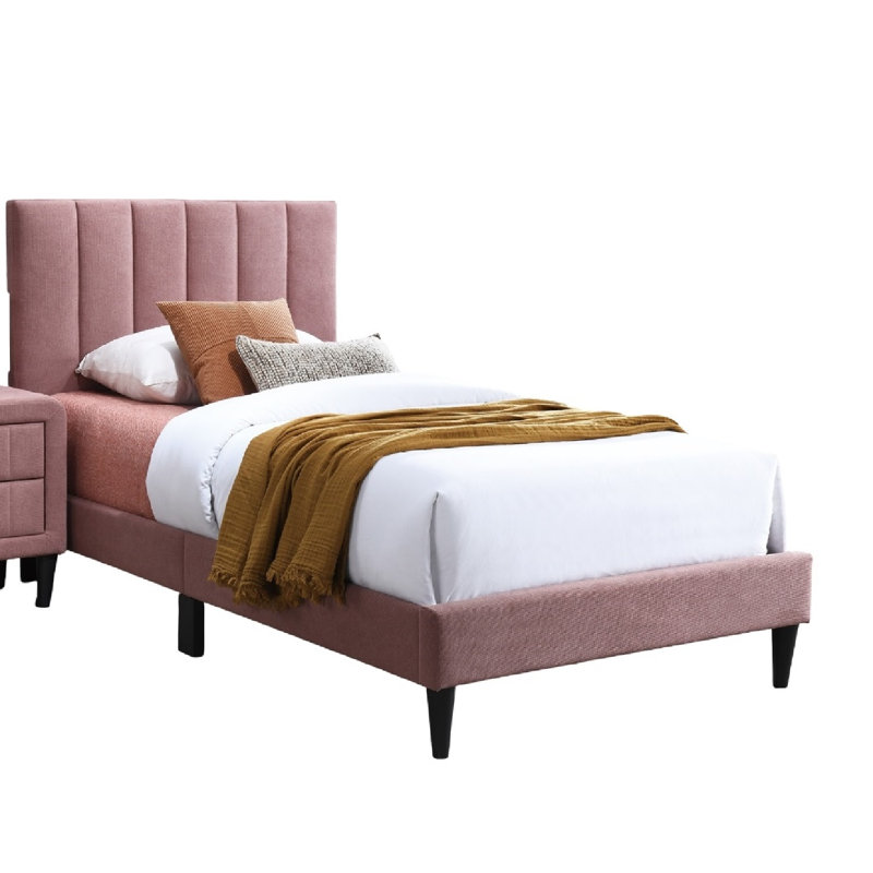 Structure de lit simple tapissier en lin rose avec tête de lit réglable capitonnée, pieds de support centraux, système de support à lattes en bois robuste, aucun sommier requis, mobilier de chambre à coucher moderne
