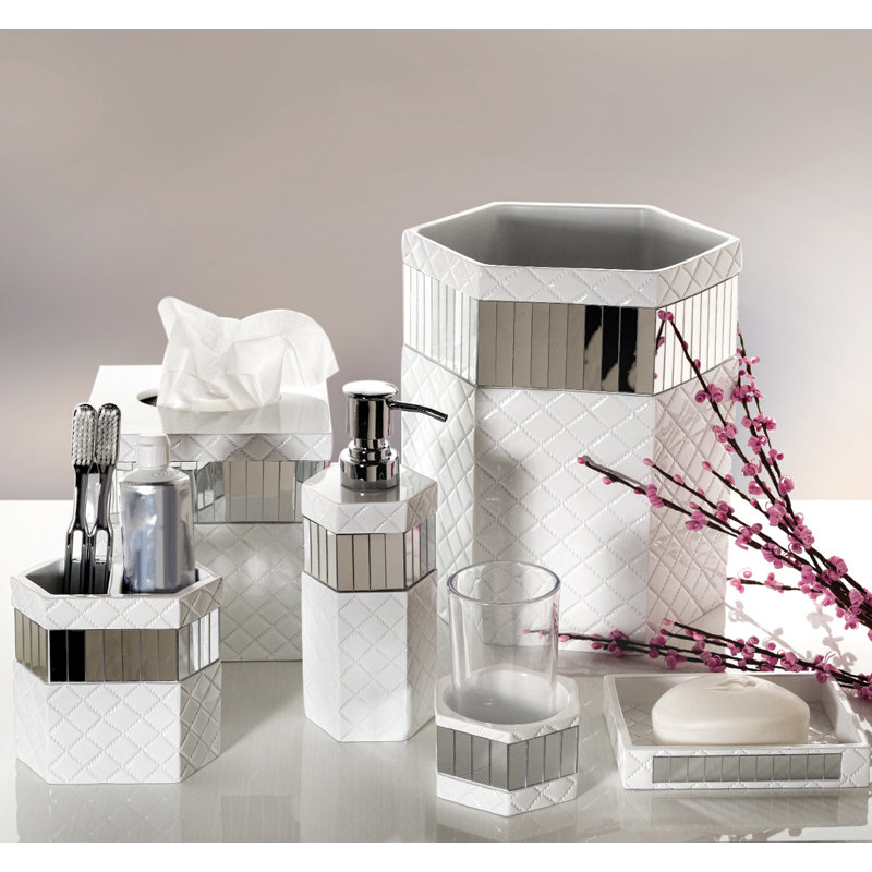 White and Silver Quilted Mirror 6-Piece Bathroom Accessory Set