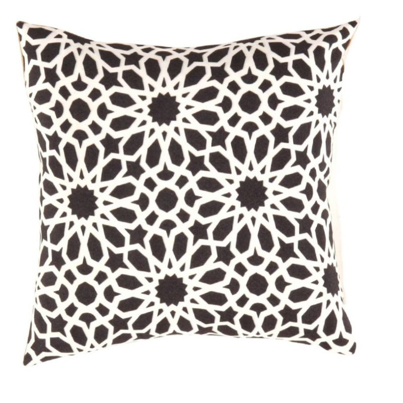 Coussin Turkish, H 16 po x l 16 po, Motif floral blanc / noir