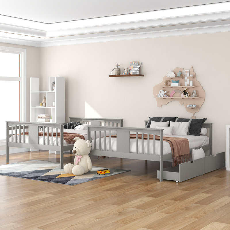 Lit superposé double au-dessus de double avec tiroirs et échelle Roomfitter, structure en bois massif pour chambre ou chambre d'amis, gris