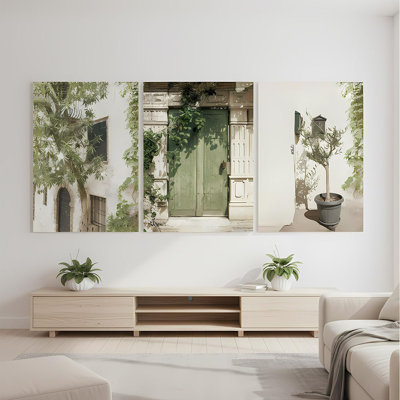 Mediterranean Olive Green Wall Art Set of 3, Italy Courtyard Door Canvas Prints, Tuscany Landscape Triptych Wall Decor, Vintage European Canvas Art for Living Room Bedroom Office, 12x16 Inch