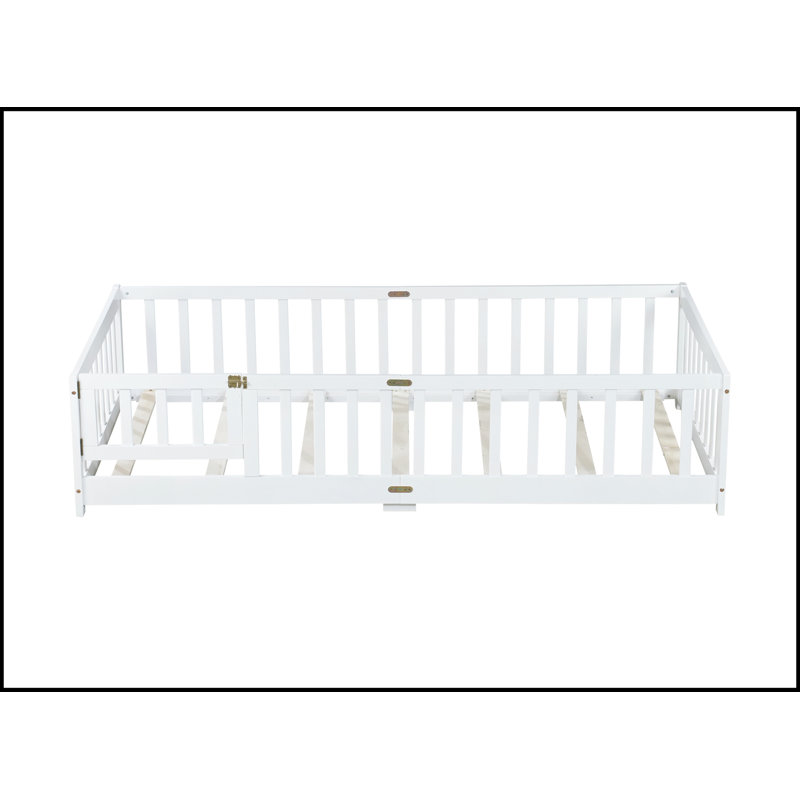 Twin Size Floor Bed With Fence And Door,Rubber Wood Floor Bed With Safety Guardrails,White, Twin, White