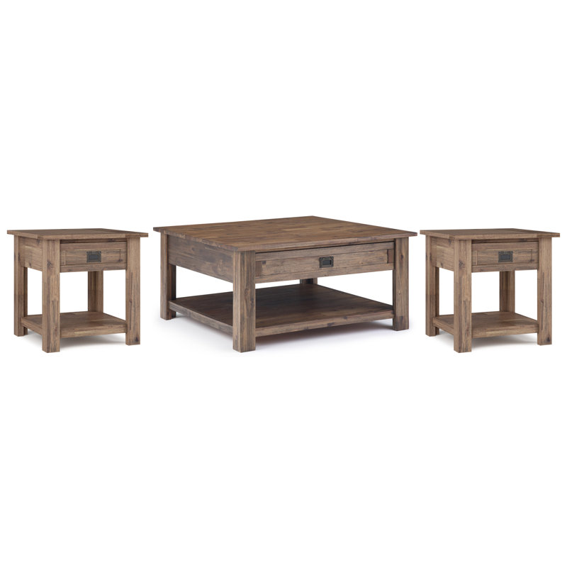Table basse Monroe en acacia massif rustique de 38 pouces de large avec 2 tables de bout de 22 pouces de large en brun rustique naturel vieilli (ensemble de 3)