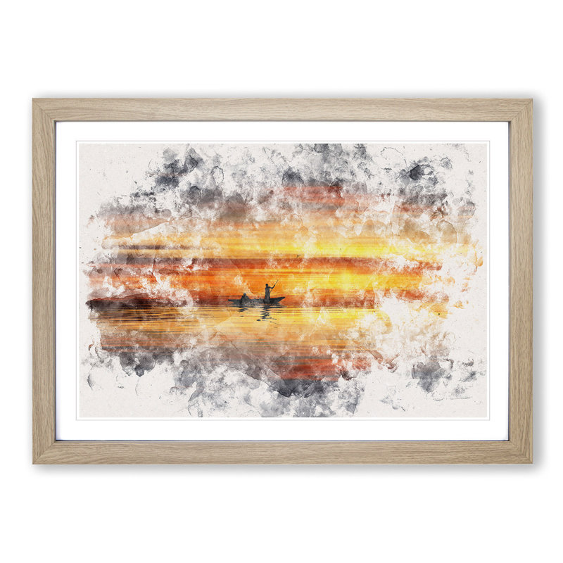 A Boat at Sunset Watercolour - Picture Frame Graphic Art Print, Oak Framed, 45cm H x 63cm W x 2cm D