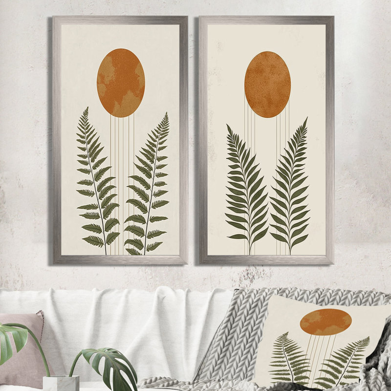 Art mural moderne orange et vert - formes modernes Mid-Century 2 pièces, H 40 po x l 40 po, Cadre flottant doré