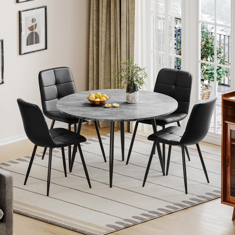 Dining Table And Chairs Set Of 4, Extendable Round Marble Effect Folding Table With Upholstered Tech Fabric Chairs For Dining Room,Kitchen