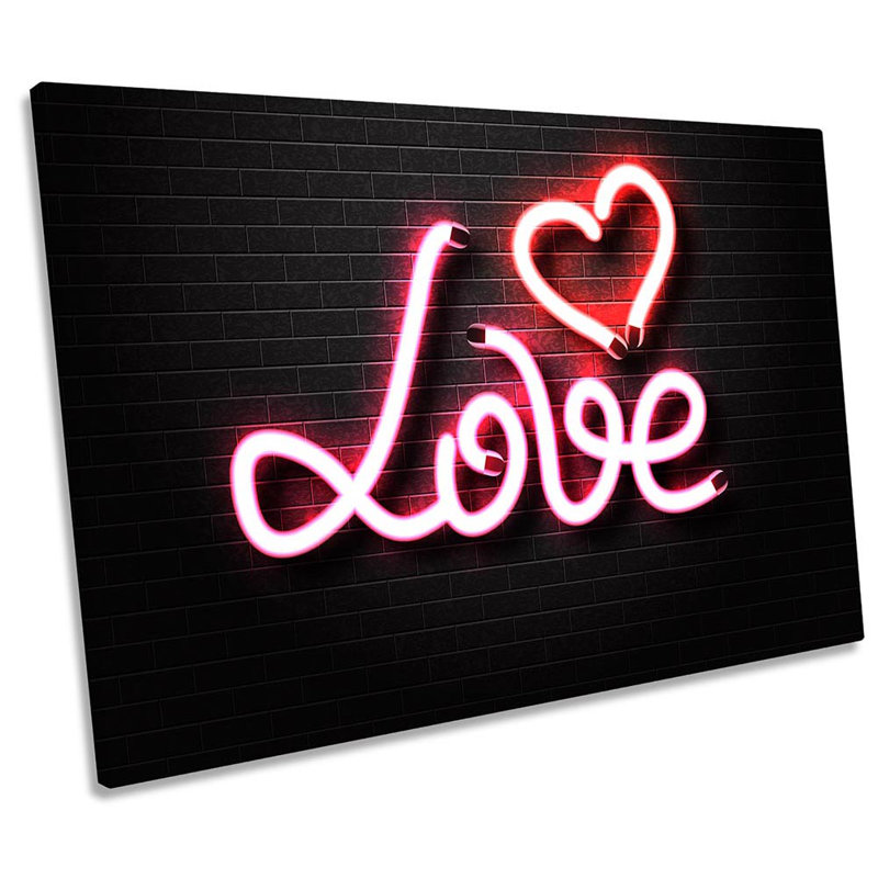 Love Neon Light Heart Pink Framed - Wrapped Canvas Print, 40.6cm H x 61cm W x 2cm D