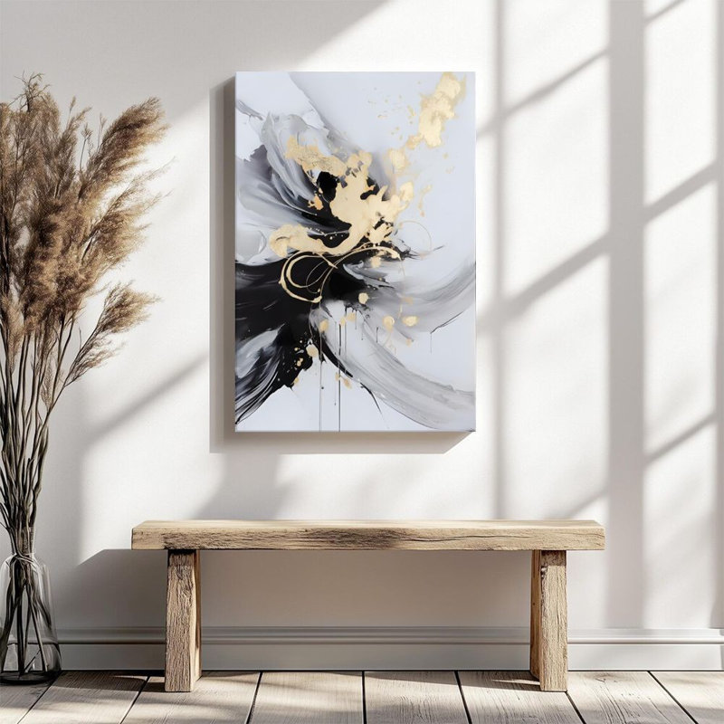 Art mural sur toile encadré en 2 dimensions, fleurs abstraites, encre noire et dorée, art moderne, reproduction d'art sur toile, peinture, décoration murale, cadeau idéal, prêt à accrocher